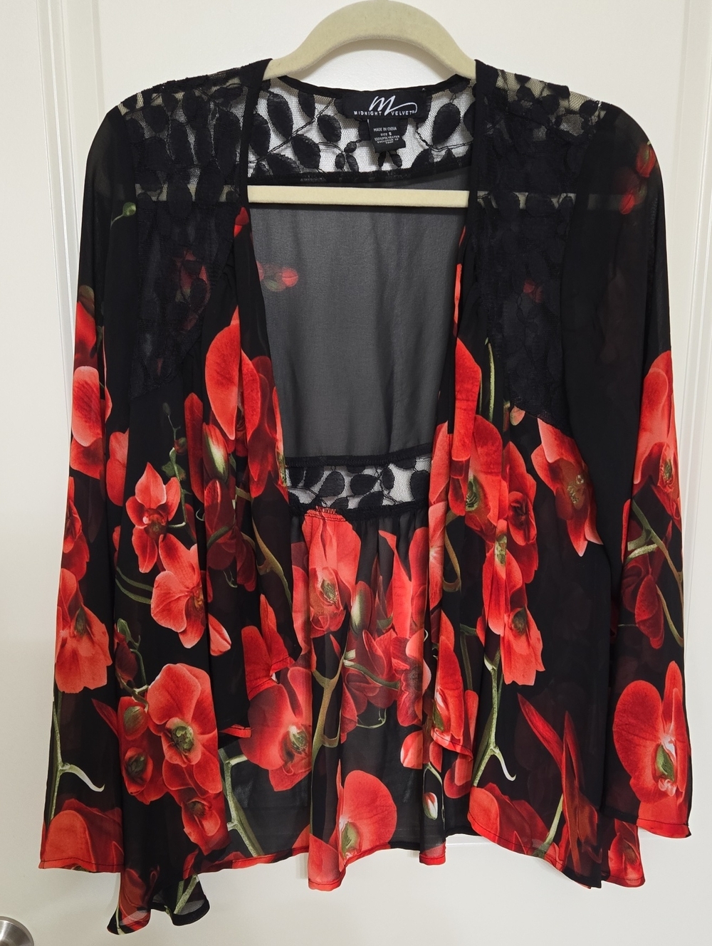 Midnight Velvet Black Sheer Floral Lace Duster